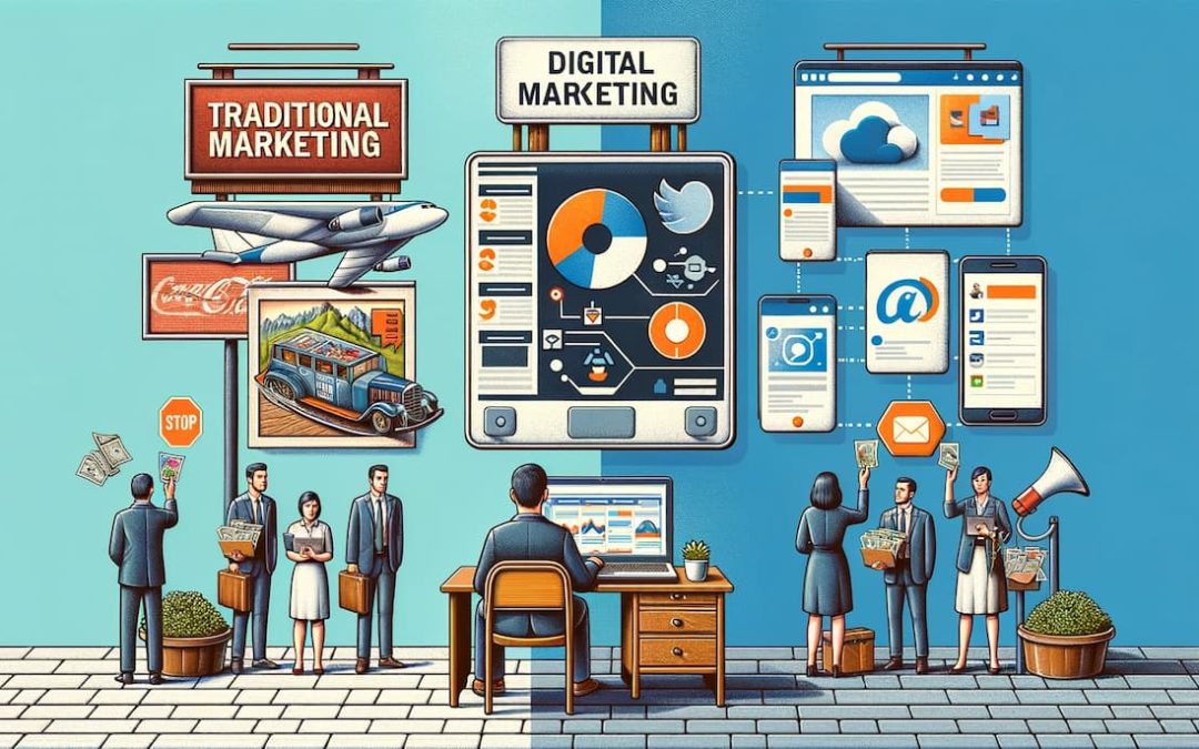 A split image comparing traditional marketing and digital marketing.